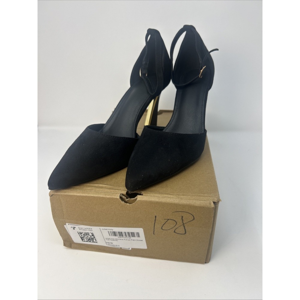 NIB Juliet Holy Women's Black Faux Suede Heels Point Toe Gold Accents